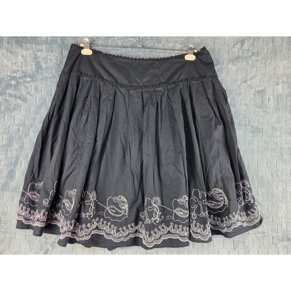 Venezia Black Cotton Embroidered Floral Midi Skirt Lace Trim Plus Size 20 Boho